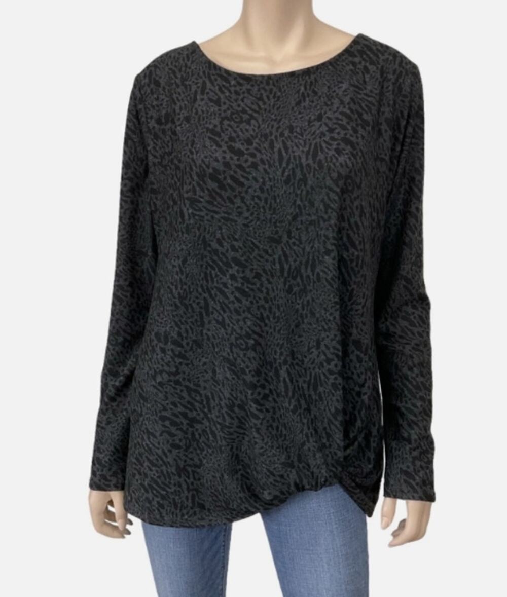 *Max & Mia Women's Black Gray Animal Print Cozy Twist Front Tunic Top - MEDIUM